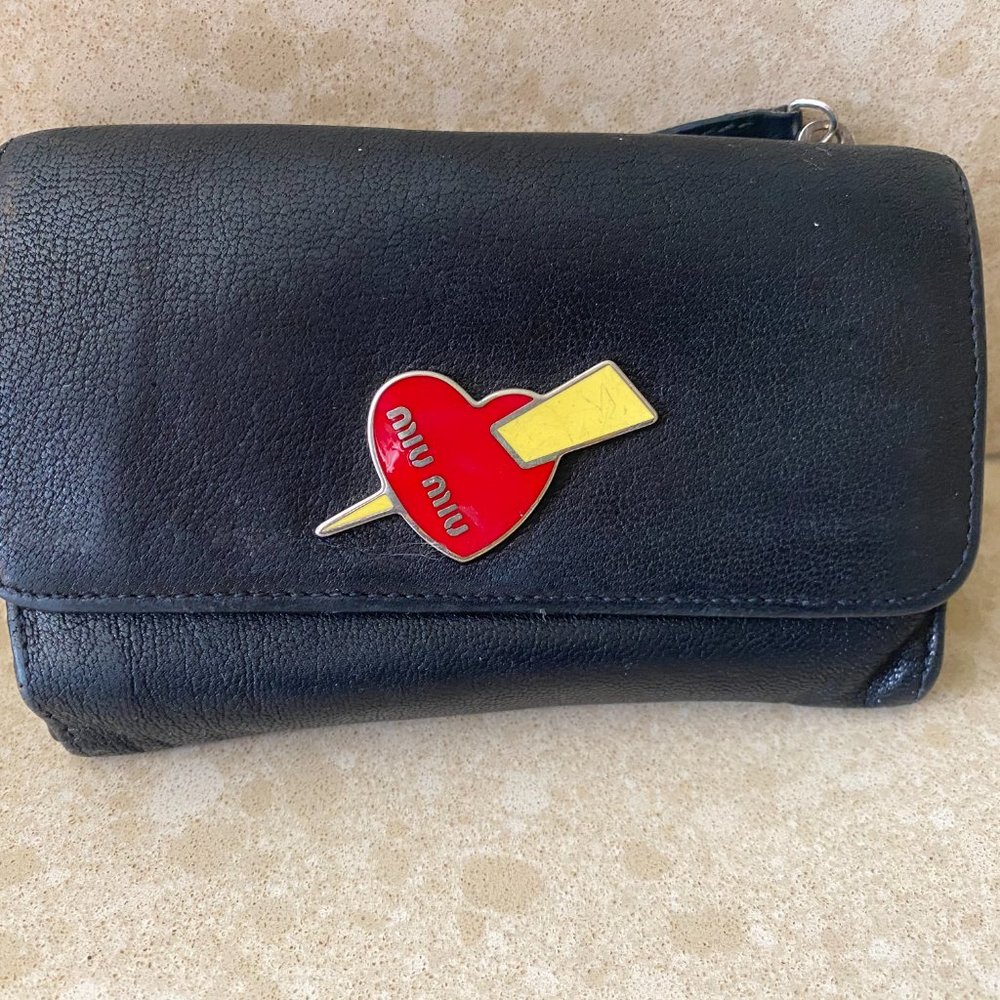 Miu Miu Heart Charm Navy Leather Trifold Wallet - image 1